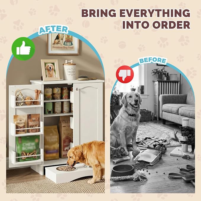 NEWOWNDS 32" H Dog Feeding Station with Storage with Adjustable Shelves | Pet Food Storage Cabinet with 2 Elevated Bowls,Hooks & Letter Stickers,Hidden Dog Feeding Organizer for Cats and Dogs,White - Image 7