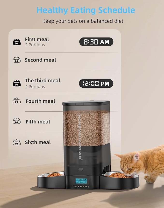 HoneyGuaridan 5L Automatic Cat Feeder for Two Cats, Cat Food Dispenser with Stainless Steel Bowl,Timed Feeder Programmable 1-6 Meals Control, Dual Power Supply,Desiccant Bag Black - Image 2