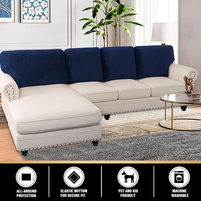 PrinceDeco Sectional Couch Covers Velvet Cushion Covers for Sectional Couch Washable Cushion Covers for Sectional Sofa Pet Friendly Sectional Sofa Slipcovers(1 Chaise Back+ 3 Sofa Back,Navy) - Image 2