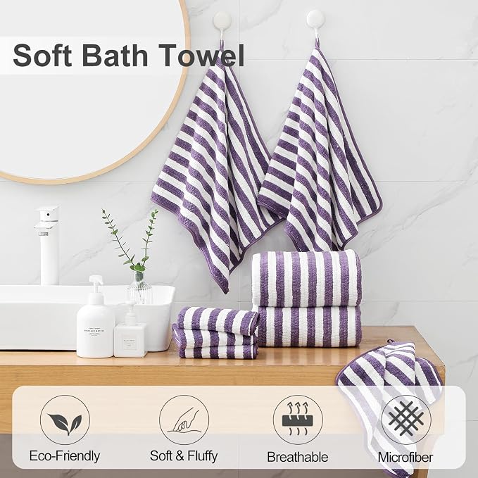 Smuge 18 Pcs Bath Towel Set, Include 6 Bath Towel Sheets, 6 Hand Towels and 6 Washcloths - Highly Absorbent Quick Dry Microfiber,Ultra Soft Bathroom Towel Set with Hanging Loop - Dark Purple - Image 3