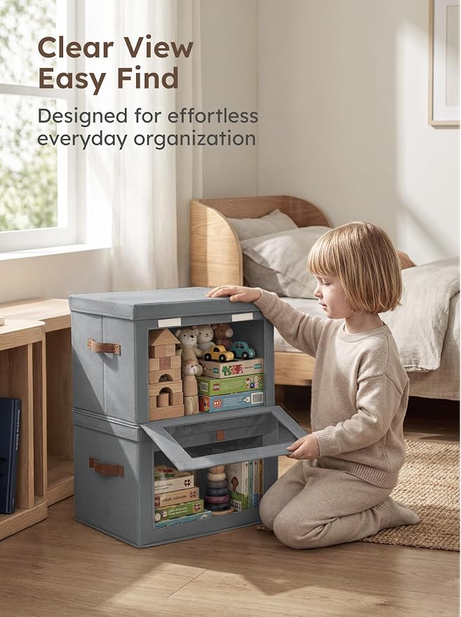 Homsorout Medium Fabric Storage bins - Collapsible Storage Bins with Open Window, 2 Pack Closet Baskets for Shelves, Stackable Decorative Boxes for Home, Dorm, Grey, 13.7"x 9.8" x 9.8" - Image 6
