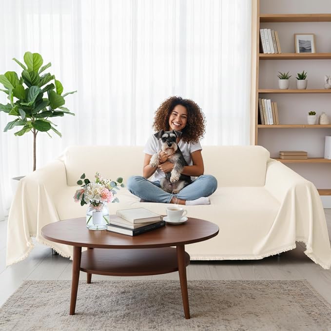 Smiry Couch Cover for Dogs, Chenille Sofa Covers for 3 Cushion Couch | Washable Soft Sofa Slipcover for Pets, Thick Sectional Furniture Protector with Tassels (Beige, 71x150 Inch) - Image 12
