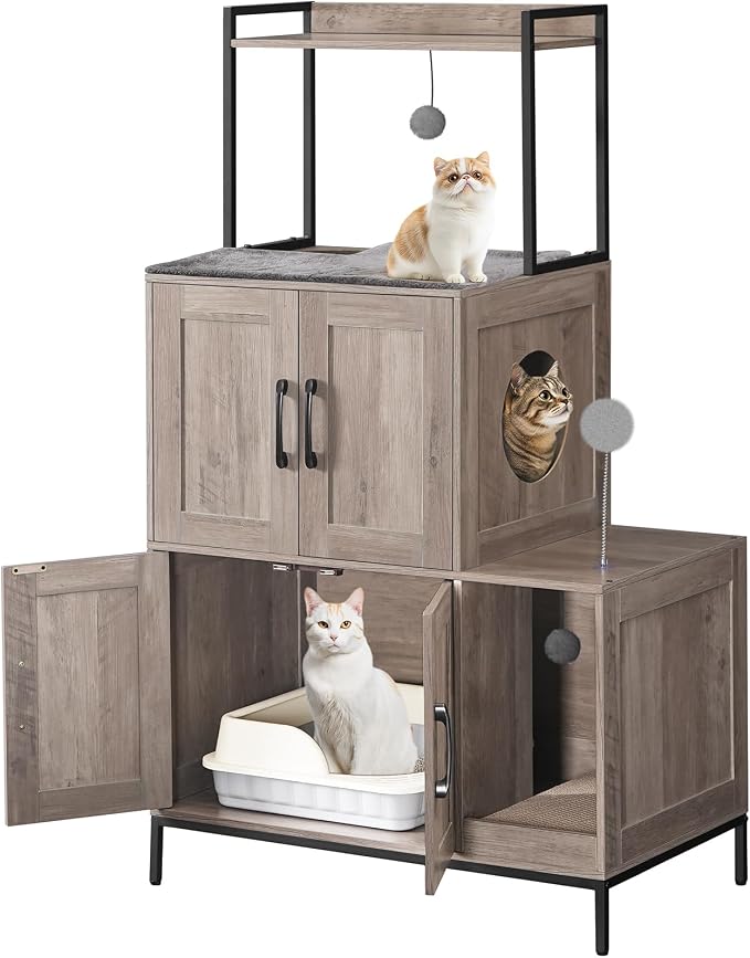 HOOBRO Cat Litter Box Enclosure Furniture, 2 in 1 Hidden Litter Box Furniture with Shelf, Double Litter Box Cabinet with 2 Dangling Plush Balls and 1 Toy Ball, Greige and Black BG78MW01 - Image 9