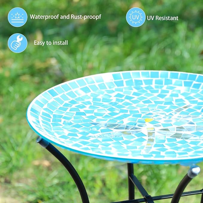 MUMTOP Mosaic Glass Bird Baths with Metal Stand Garden Decor, Dragonfly | 14 Inch Width 19.68 Inch Height Outdoor Garden Dragonfly Bird Bath Bowl, Unique Glass Birdbaths Bird Feeder for Yard Decor - Image 2