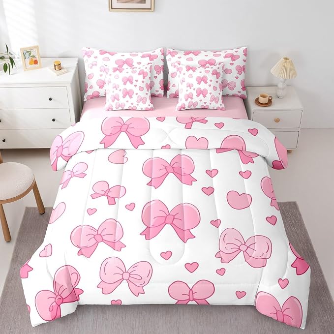 Feelyou Pink Bowknot 7 Piece Bedding Set Cartoon Bow Comforter Set with Sheets for Kids Boys Girls Cute Love Heart Bed in a Bag White Pink Bed Set Soft Lightweight by Feelyou
