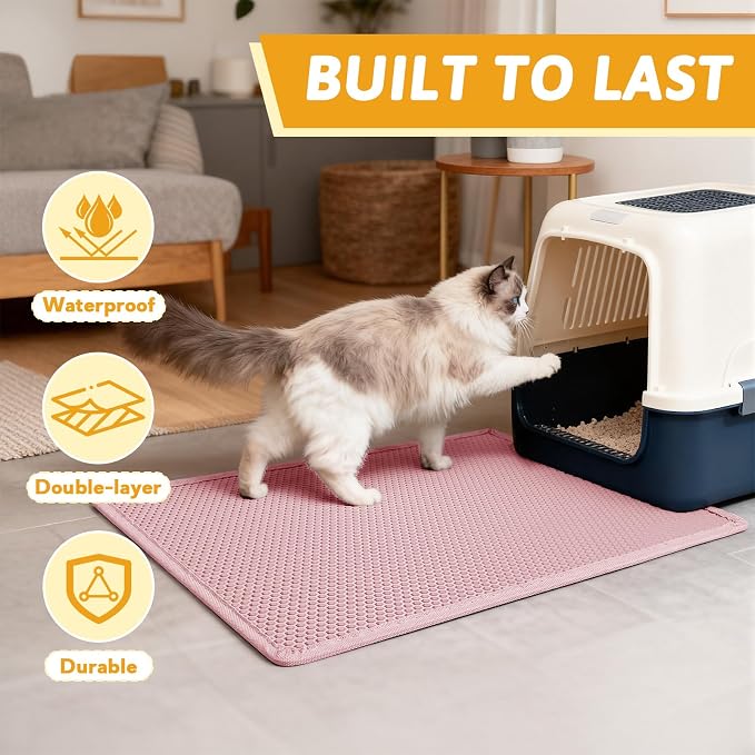 Pieviev Litter Box Mat, Double-Layer Urineproof Design, 30" x 24" Pink | Honeycomb Litter Trapping Mat Captures Scattered Particles to Stop Tracking, Waterproof Base Protects Floors, Easy to Clean - Image 7