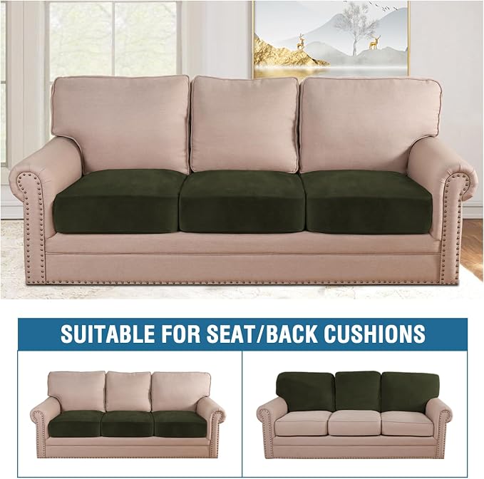 H.VERSAILTEX Velvet Stretch Couch Cushion Cover Plush Cushion Slipcover for Chair Loveseat Sofa Cushion Furniture Protector Seat Cushion Sofa Cover (3 Piece XL Sofa Cushion Covers, Olive) - Image 3