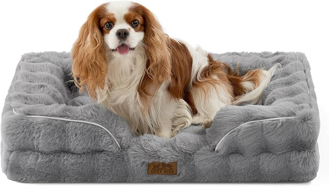 COZY KISS Orthopedic Dog Bed for Medium Small Size Dog, Soft and Warm Faux Fur Sofa for Pet Up to 40 lbs, Foam Bolster Anti-Slip Couch with Washable Removable Cover, M 30x20x6.5 inch, Grey by COZYKISS