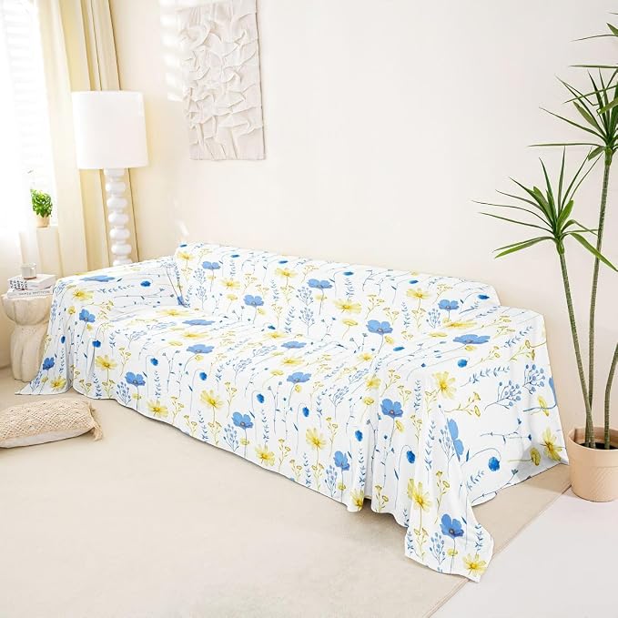 Erosebridal Watercolor Floral Sofa Cover Blue Yellow Flower Couch Cover Modern Minimalist White Sofa Slipcover for Pets, Kids, Dog Rustic Farmhouse Washable Non Slip Couch Protector 91" X 134" - Image 2