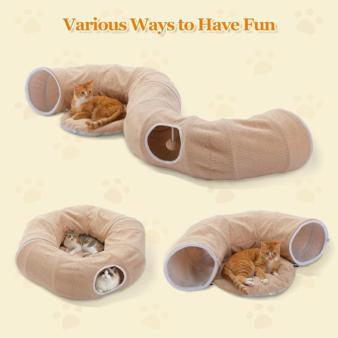 PEQULTI Cat Donut Tunnel with Bed for Indoor Cats, Cat Play Tunnel with Washable Soft Plush Mat, Round Tube Toys Cute Tube for Kittens, Puppies, Rabbits and Ferrets, Beige - Image 3