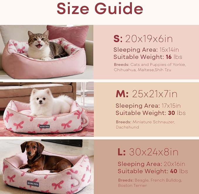 Mora Pets Reversible Dog Bed for Medium Size Dogs Washable - Cool & Warm 2-in-1 Anti Anxiety Calming Pet Bed for Summer, Rectangle Puppy Bed with Non Slip Bottom Cute Pink Bow (30''x24''x8'') - Image 8
