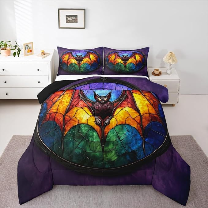 Manfei Halloween Bat Comforter Set King Size,Mystic Bat Wild Animal Bedding Set for Kids Girls Boys Room Decor,Spider Web Geometric Soft Duvet Insert for All Season,2 Pillowcase,Dark Purple Green - Image 5