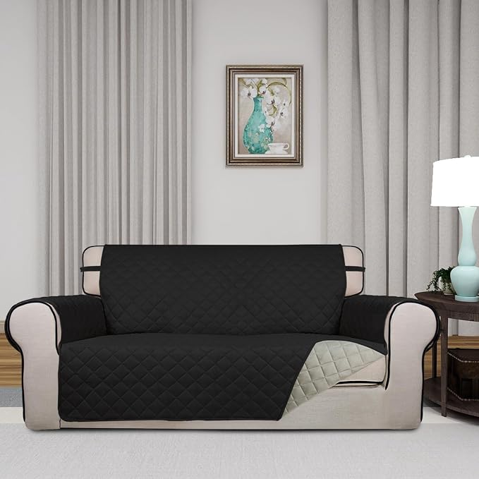 PureFit Reversible Quilted Couch Covers for Dogs Loveseat Sofa Cover 54" | Black/Beige, Water Resistant Couch Protector, Washable Pet Couch Cover with Non Slip and Elastic Straps For Kids - Image 2
