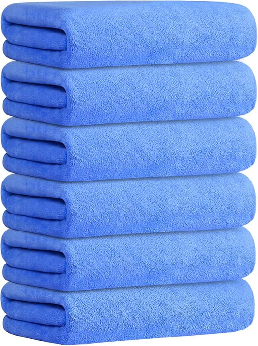 JML Bath Towel, Microfiber, 6 Pack, 30" x 60", Blue | Hanging Loop, Soft, Absorbent, Quick Dry, Lint Free, Fade Resistant by JML