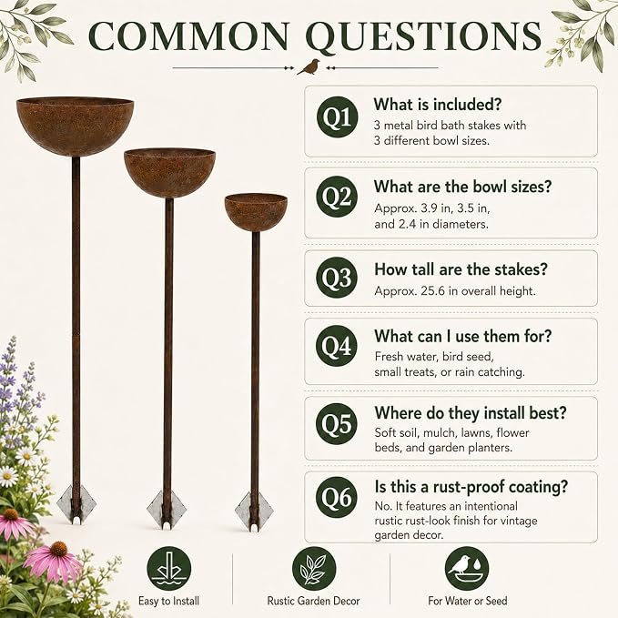 3 Pack Rustic Metal Bird Bath Stake Set for Outdoors, Garden Bird Bath Bowls with Ground Stakes, Bird Feeder Rain Catcher Wildlife Water Station for Birds, Bees & Butterflies - Image 7