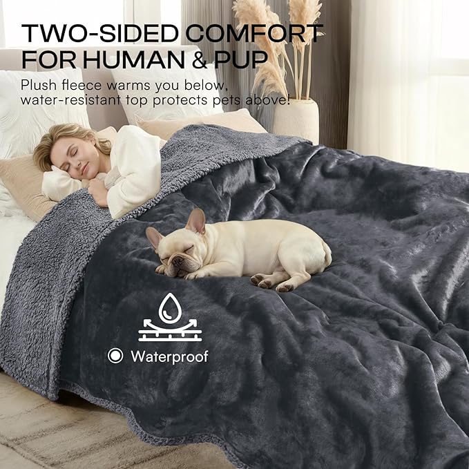Luciphia Waterproof Pet Blanket, Liquid Pee Proof Dog Blanket for Sofa Bed Couch, Reversible Sherpa Fleece Furniture Protector Cover for Small Medium Large Dogs Cats, Dark Gray Queen Size（90" x 82"） - Image 5