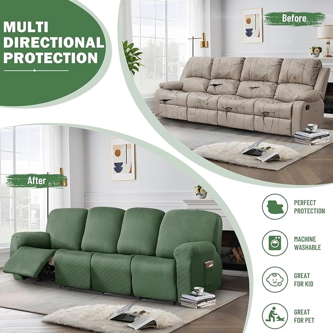 vctops Diamond Recliner Sofa Covers 10-Pieces Stretch Large RV Couch Covers for 4 Seats Reclining Slipcovers Soft Solid Furniture Protector (Mo Green,4 Seat) - Image 5