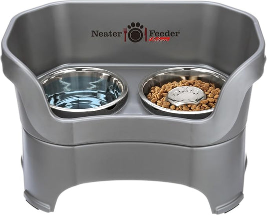Neater Feeder Deluxe Mess Proof Dog Bowls Elevated for Large Breeds – Made in USA – No Spill Raised Slow Feeder Elevated Dog Bowl Stand, Stainless Steel Food and Water Bowl Set, Grey by NeaterPetBrands