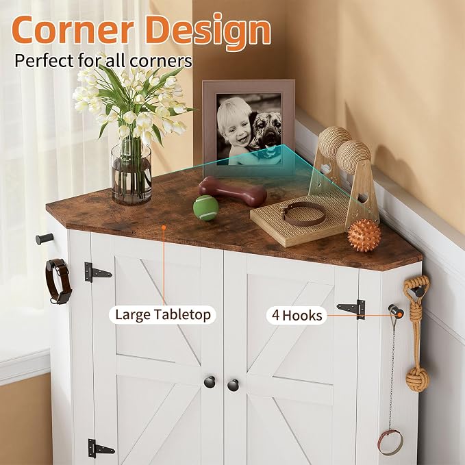 PakaLife Farmhouse Dog Food Storage Corner Cabinet, Dog Feeding Station with 2 Hidden Bowls, Adjustable Panel, 4 Hooks, Pet Feeding Station Corner Cabinet for Medium, Small Sized Dogs - Image 5