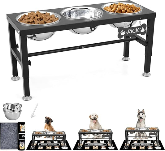 SHAINFUN Metal Elevated Dog Bowls Stand for Large Dogs with Mat & Three 58oz Food Water Bowls, Adjustable Height Raised Dog Bowl Stand by SHAINFUN