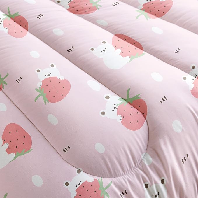 QOOMO Cartoon Bear Comforter Twin Size,Pink Strawberry Bedding Set for Kids Teens Girls,3Pcs Bedding Set Printed Comforter with 2 Pillowcases,Down Alternative,Soft and Lightweight，Twin Size - Image 5