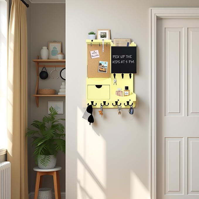 Key Holder Wall Mount， Mail Organizer Key Holder for Wall with Shelf, Drawer, Chalkboard, Corkboard, Home Decor Wall Mounted for Room Entryway (Ivory Yellow) - Image 4