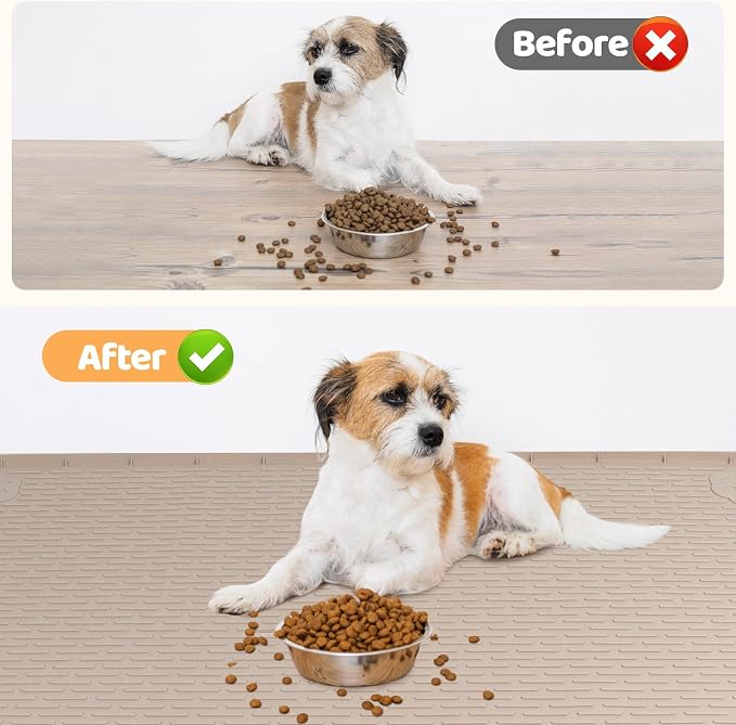 Dog Food Mat 57''x40'' Extra Large Dog Mat for Food and Water, Khaki | Silicone Dog Bowl Mat with Raised Edge, Waterproof Non-Slip Pet Feeding Mat for Floors, fit for Dog Cat Bowls - Image 4