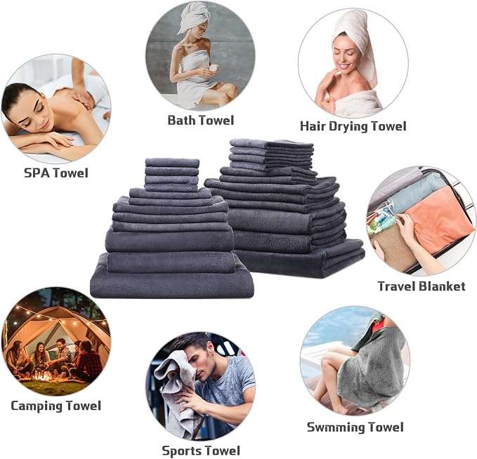 Mixweer 24 Piece Dark Grey Microfiber Absorbent Towel Set: 2 Oversized Bath Sheets, 4 Bath Towels, 6 Hand, 8 Washcloths, 4 Fingertip for Bathroom Spa Gym Camping Beach - Image 6