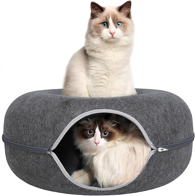 24inch-Tunnel Bed for Indoor,cattasaurus Peekaboo cat cave for Multiple,Detachable Felt Felt Washable Interior for Indoor Cats,Donut Tunnel (Dark Grey) by Unknown