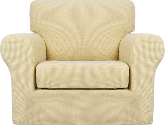MAXIJIN 2 Piece Chair Slipcovers with Arms Super Stretch Chair Covers for Living Room Dogs Pet Proof Fitted Sofa Couch Protector Spandex Non Slip Armchair Slipcover Washable (Chair, Beige) by MAXIJIN