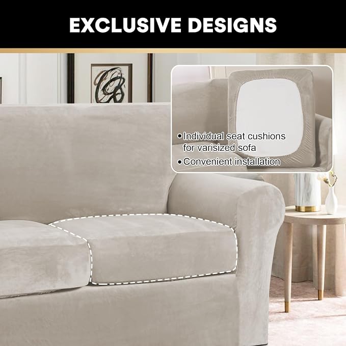 PrinceDeco Velvet Plush Couch Cover Stretch 2 Piece Chair Cover Chair Slipcover Washable Furniture Protector Couch Soft with Elastic Bottom Armchair Cover Width Up to 49 Inch(Small, Oatmeal) - Image 6