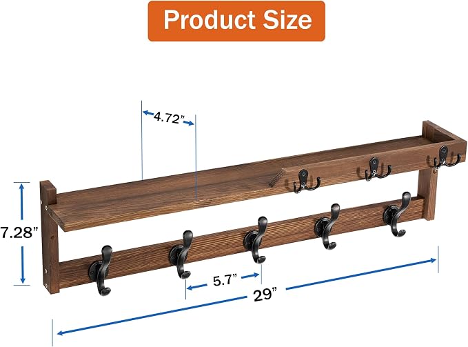 29'' Coat Rack Wall Mount with Shelf, Coat Hanger Wall Mount with Key Hooks and Mail Holder, Wood Entryway Floating Shelf with Hooks and Storage, Hat Rack for Wall Key Holder Mail Organizer - Image 6