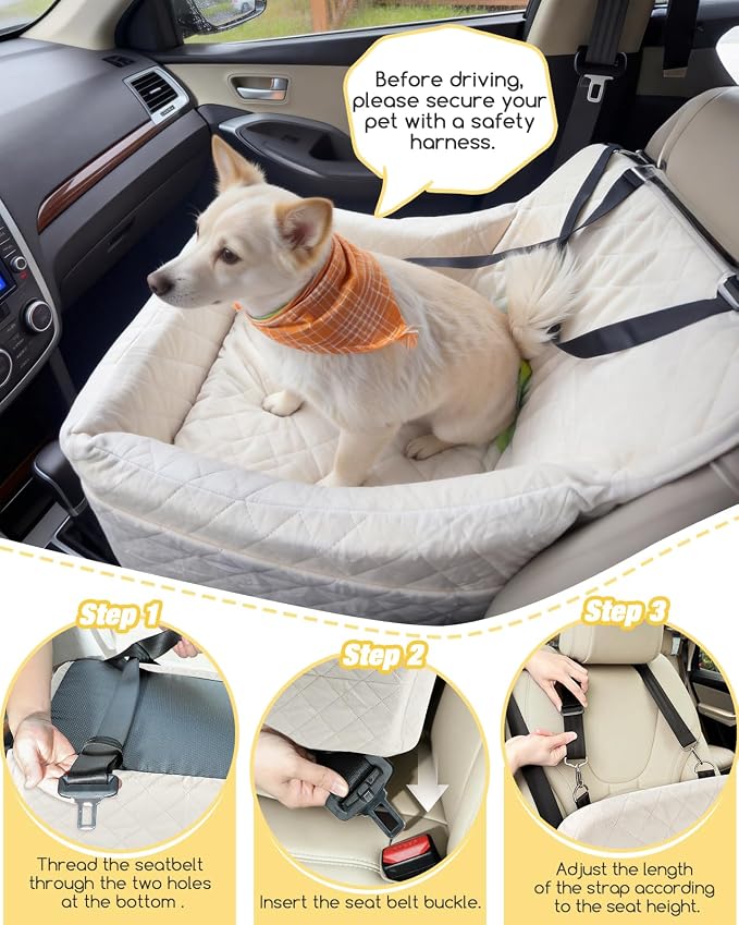 WOOAIDAGG Dog Car Seat for Medium Sized Dog,Pet Travel Car Bed with Seat Belt Channle,Fully Detachable and Washable Car Dog Seat with Adjustable Straps,3 Straps Easy to Install (Beige) - Image 3
