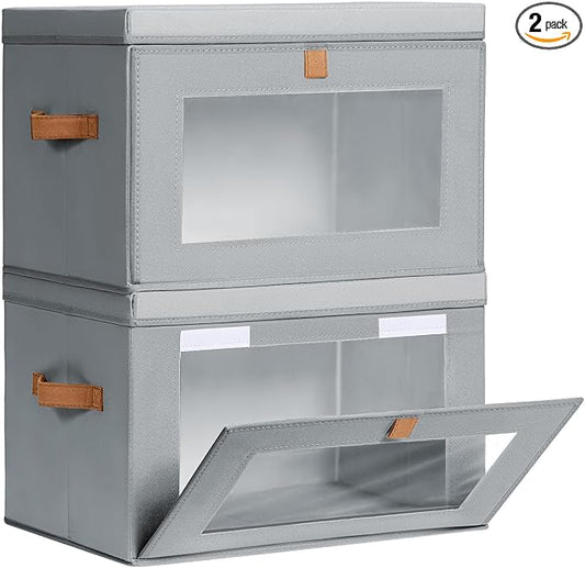 Homsorout Large Closet Storage Organizer - Clothes Storage Bins with Handles & Window, Collapsible Decorative Boxes with Lids, Fabric Containers for Living Room, Dorm, 2 Pack, Grey by Homsorout