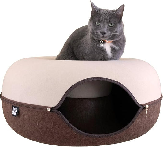 Travel Cat Tunnel Bed Cave - 21 Inch Large Premium Round Donut Cat Cave for Indoor Cats, Kitten - Detachable Cat Hideaway Cat Bed with Tunnel for Playing, Scratching, Sleeping (Chocolate & Cream) by TravelCat