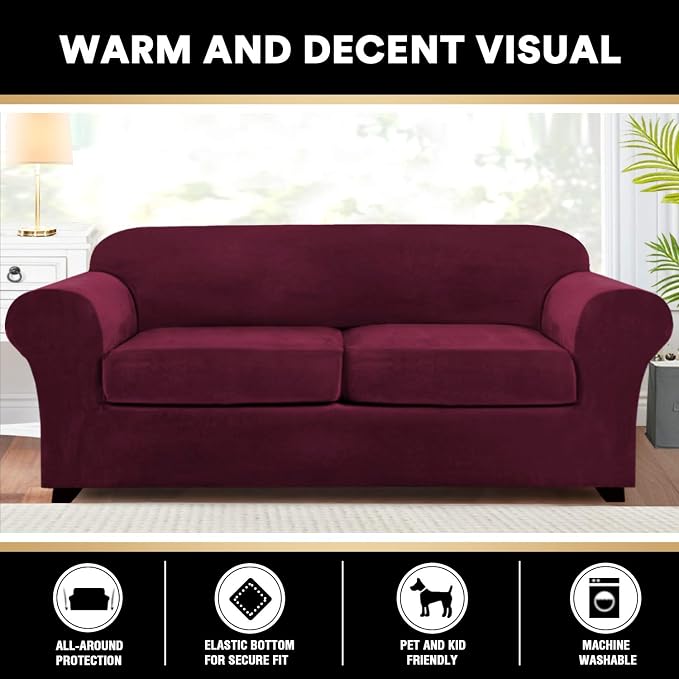 PrinceDeco Couch Cover Velvet Plush Sofa Covers for 2 Cushion Couch Width Up to 90 Inch Washable Furniture Protector Pet Friendly No Slip Sofa Slipcover(Medium-Large, Burgundy) - Image 6