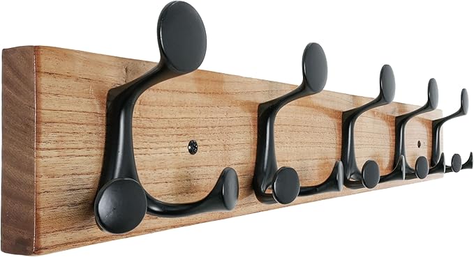 SKOLOO 24-Inch Wood Coat Rack Wall Mount with 5 Triple Hooks - Ideal for Family Entrances, Classrooms, and Pet Supplies Storage - Perfect Coat Hooks for Wall, Black on Natural by SKOLOO