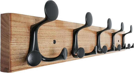SKOLOO 24-Inch Wood Coat Rack Wall Mount with 5 Triple Hooks - Ideal for Family Entrances, Classrooms, and Pet Supplies Storage - Perfect Coat Hooks for Wall, Black on Natural by SKOLOO