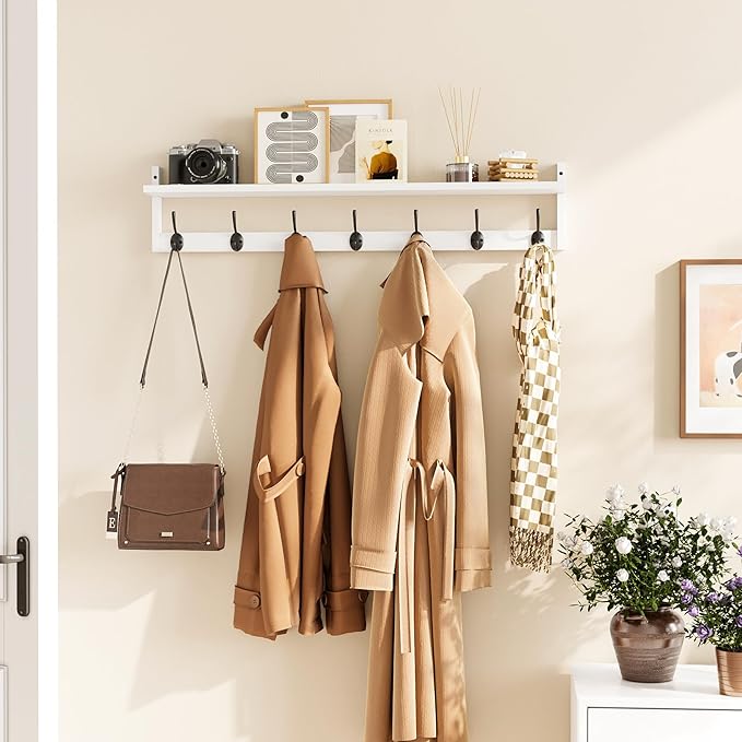BAMEOS 35" L Wall Hooks with Shelf, Entryway Coat Hooks, Wood Wall Hanging Shelf, Wall-Mounted Coat Rack with 7 Dual Metal Hooks for Bathroom, Kitchen, Living Room, Bedroom (White) - Image 7