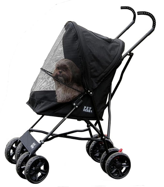 Pet Gear Travel Lite Plus Stroller, Compact, Easy Fold, No Assembly Required, Large Wheels for Cats and Dogs up to 15 pounds, Midnight Black