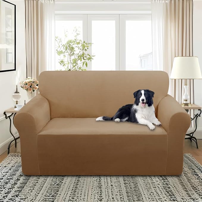 U-NICE HOME Velvet Loveseat Sofa Covers Stretch Couch Cover Furniture Protector Sofa Slipcover for Dogs (Medium, Camel) - Image 2