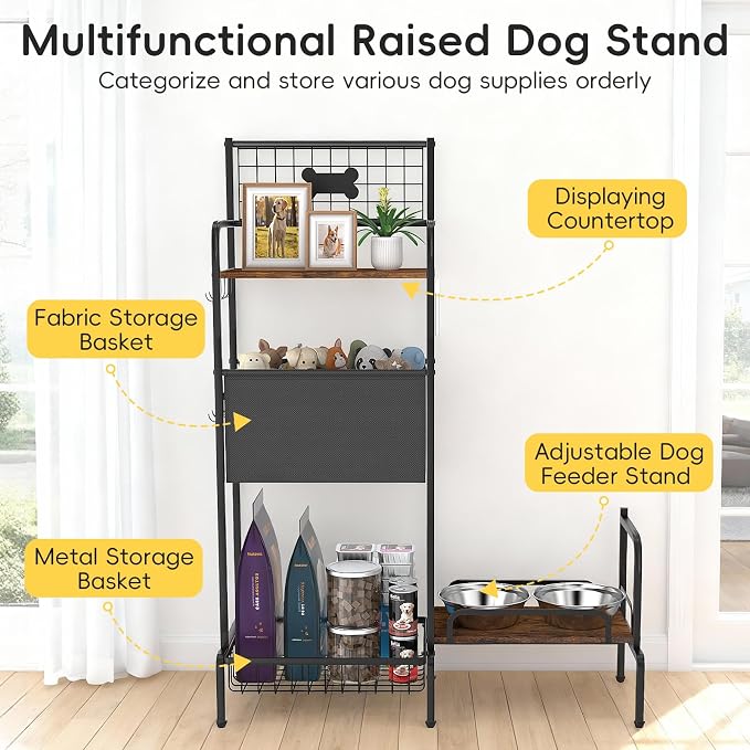 Dog Feeding Station Storage Organizer with Elevated Dog Bowl Stand | Adjustable Elevated Dog Bowl Stand, Large Toy Bin Basket, Lifted Food and Water Bowl Holder for Large Medium Small Breed - Image 3