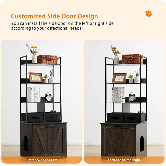 Dwanton Litter Box Enclosure with 3 Storage Shelves and 2 Drawers, 2-in-1 Hidden Cat Litter Box Enclosure Furniture with Shelf, Reversible Entrance, Washable Drawers, 61.8-Inch, Dark Grey - Image 3