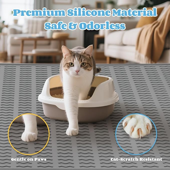 Cat Litter Mat, 47x35in Extra Large Litter Trapping Mat, Grey | XXL Cat Mat Fits 2-4 Litter Boxes, Silicone Litter Trapping Mat, Waterproof Raised Edges, Non-Slip Bottom, Easy Clean - Image 6