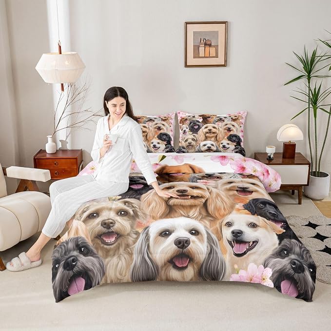 Feelyou Dog Cat Comforter Set Lover's Pet Bedding Set for Kids Boys Girls Floral Animal Pink Comforter Lovely Pet Animal Decor Quilt Room 2Pcs Twin Size Boys - Image 5