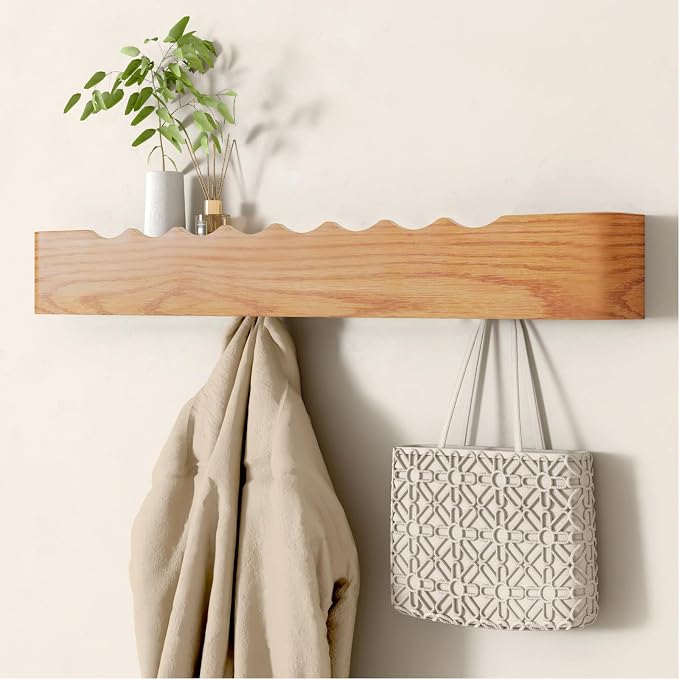 Wooden Wall Mounted Coat Rack with Shelf and Hidden Metal Hooks | Entryway Organizer For Coats, Bags And Keys, Modern Floating Shelf For Hallway And Bathroom Use by VERASCOT