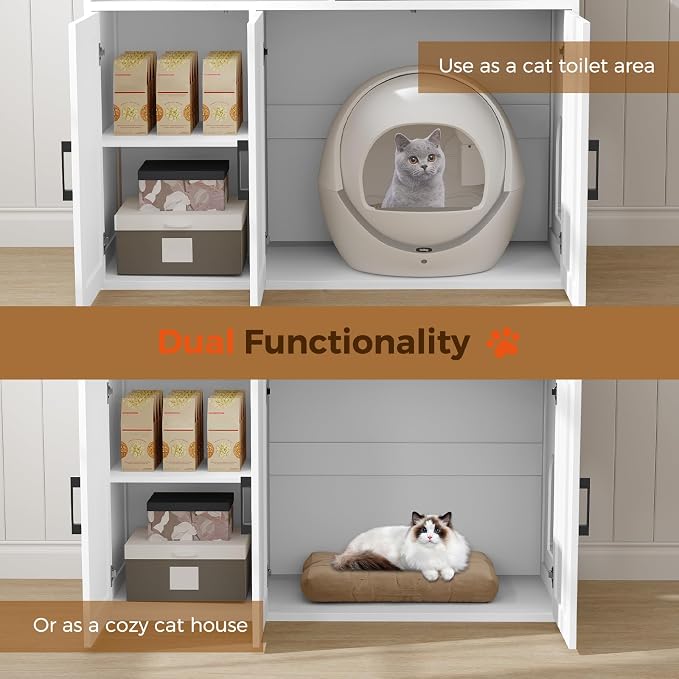 MAHANCRIS Cat Litter Box Enclosure for Self Cleaning Litter Boxes, Large Hidden Litter Box Furniture with Shelves, Wooden Cat Washroom Storage Cabinet, Automatic Litter Box Enclosure, White CWBZ3001 - Image 5