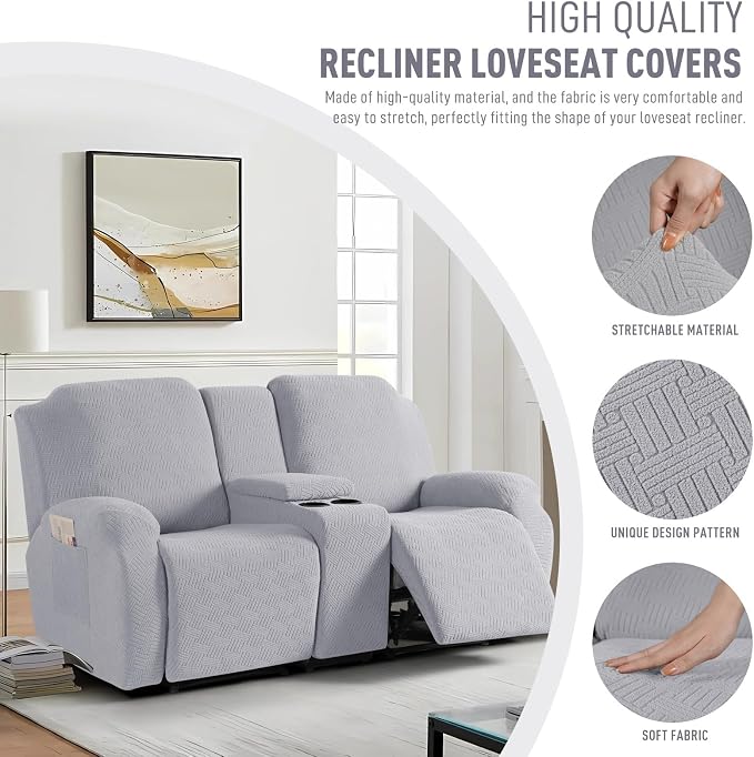 KinCam Loveseat Recliner Covers with Middle Console Slipcover, Silver Gray | Stretch Recliner Sofa Covers for 2 Seat Couch Cover, Jacquard Furniture Protector Covers with Elastic Bottom for Kids, Pets - Image 5