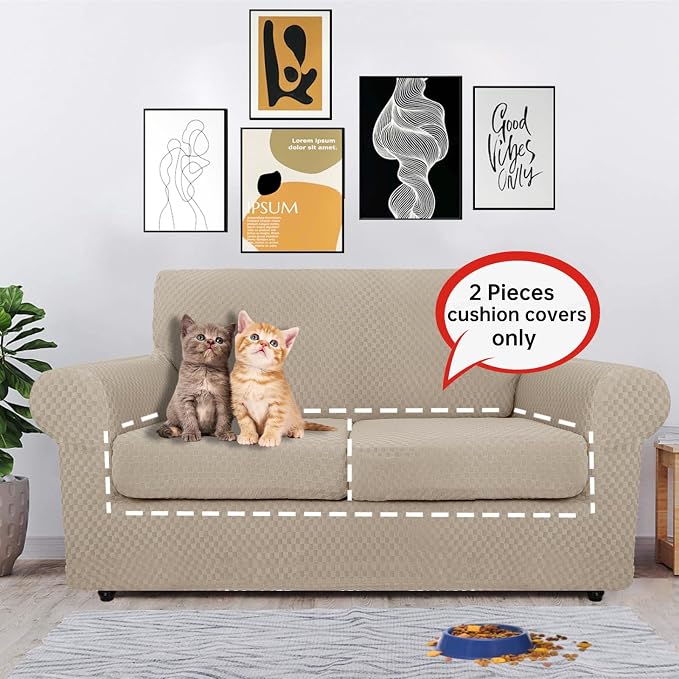 【Clearance】 Stretch Individual Cushion Covers Sofa Loveseat Seat Cushion Slipcovers Soft Couch Cover Replacement Large Checkered Furniture Protector with Elastic Bottom (2 Pc Cushion Cover, Khaki) - Image 8
