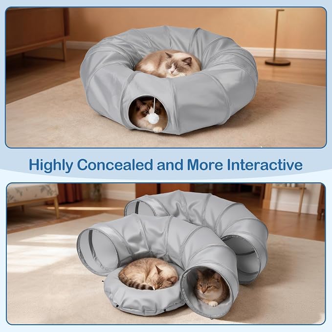 Cat Tunnel Bed with 2Pcs Interactive Toys, 3-in-1 DIY Collapsible Plush Cat Tube with Washable Mat, Large Indoor Play Tunnel Cave for Kittens and Small Animals - Image 7